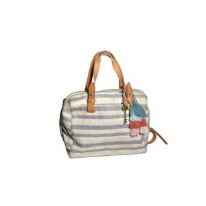 Fossil Striped Canvas Leather Satchel Handbag Blue Cream Tassel Charm
